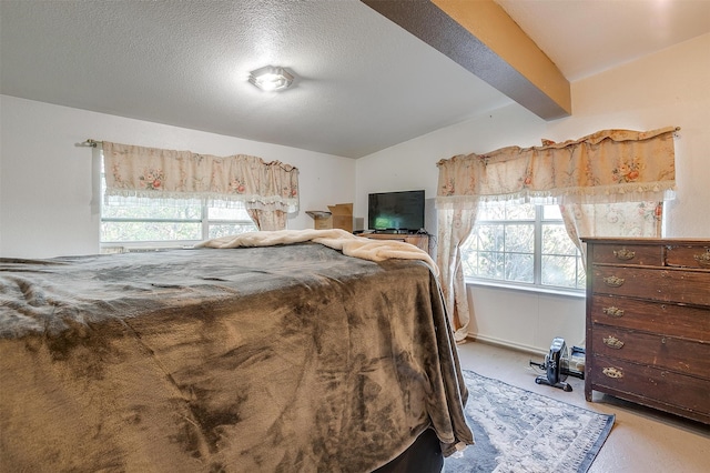 carpeted bedroom with lofted ceiling and a textured ceiling