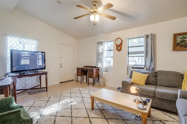 living room featuring lofted ceiling and ceiling fan