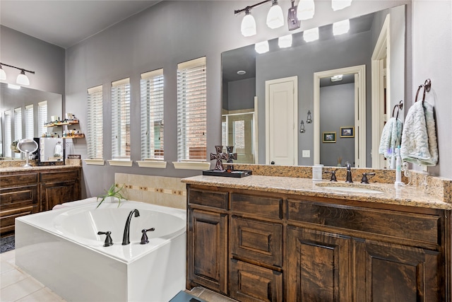 bathroom featuring vanity, tile patterned floors, and plus walk in shower