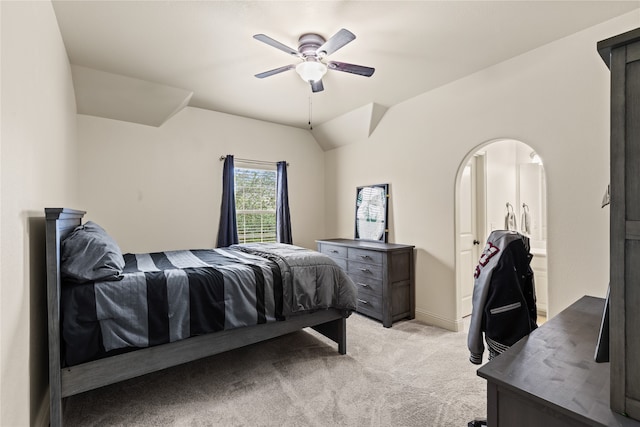 bedroom featuring light carpet and ceiling fan