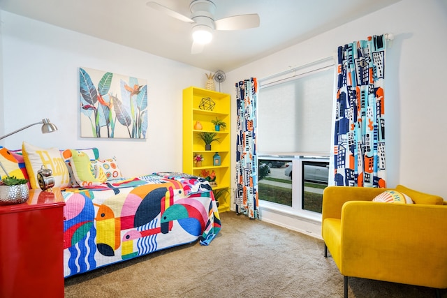 carpeted bedroom with ceiling fan