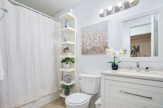 full bathroom featuring vanity, shower / bath combo, tile patterned flooring, and toilet