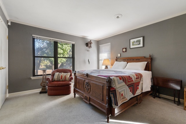 bedroom featuring light carpet and crown molding