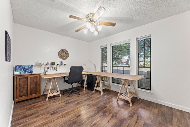 office featuring ceiling fan, a textured ceiling, and dark hardwood / wood-style floors