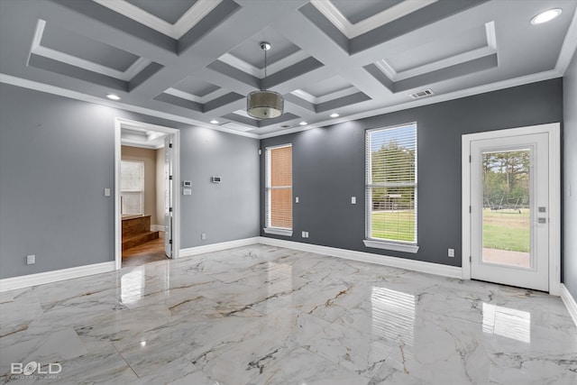 unfurnished room with coffered ceiling, beamed ceiling, and ornamental molding