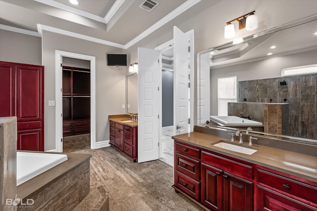 bathroom featuring vanity, shower with separate bathtub, and ornamental molding