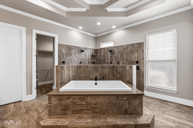 bathroom with shower with separate bathtub and ornamental molding