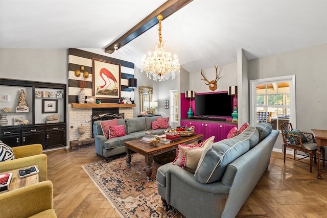 living room with a brick fireplace, lofted ceiling with beams, a chandelier, and light parquet floors