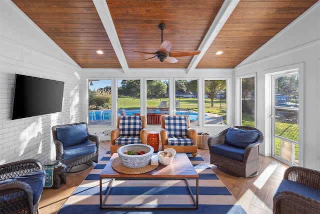 sunroom / solarium featuring wood ceiling and a healthy amount of sunlight