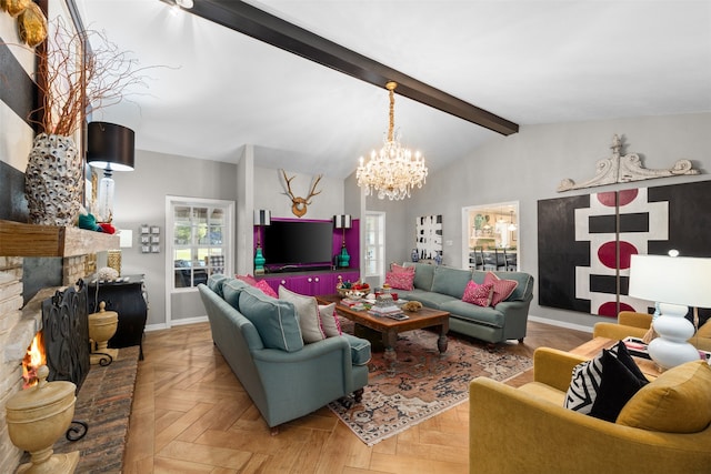 living room with a fireplace, light parquet floors, an inviting chandelier, and vaulted ceiling with beams