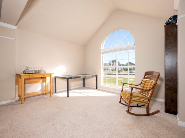 living area featuring carpet flooring and lofted ceiling