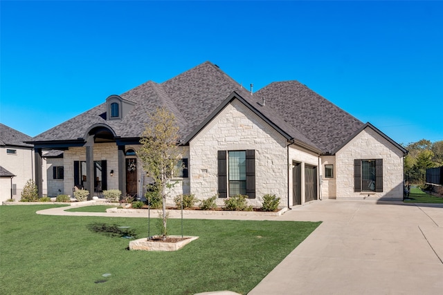 french country inspired facade with a front yard