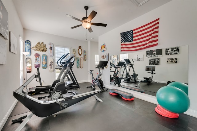 workout area featuring ceiling fan