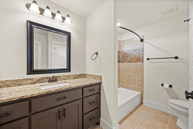 full bathroom featuring tile patterned flooring, vanity, toilet, and tiled shower / bath combo