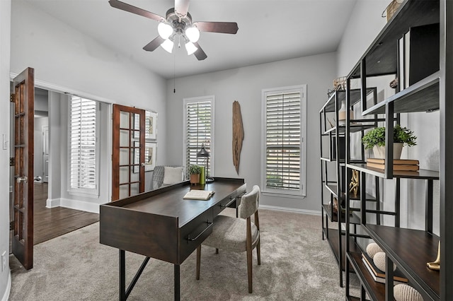 office space with ceiling fan, wood-type flooring, and french doors