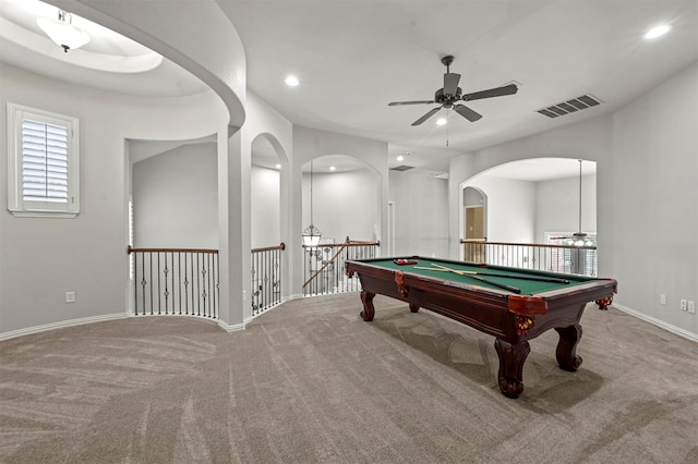 playroom with ceiling fan, carpet flooring, and billiards