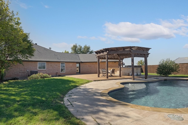 view of pool with a patio, a pergola, a lawn, and central air condition unit