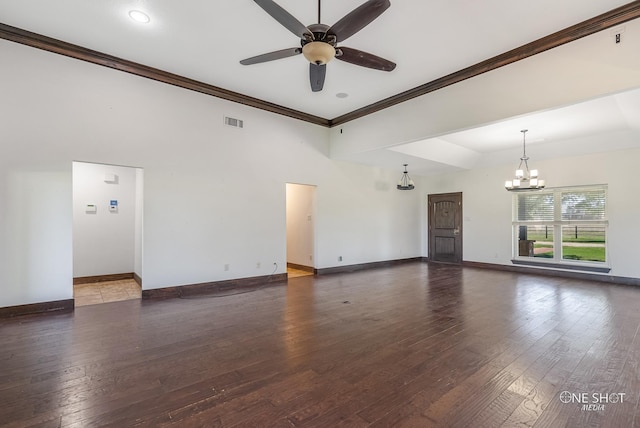 560 County Road 332, Abilene, TX 79606 - unfurnished living room with crown molding, a chandelier, a ceiling fan, baseboards, and hardwood / wood-style floors