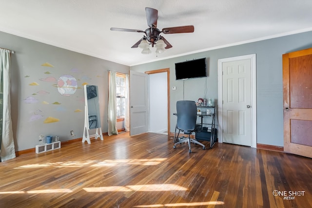 office space with ceiling fan, ornamental molding, and hardwood / wood-style flooring