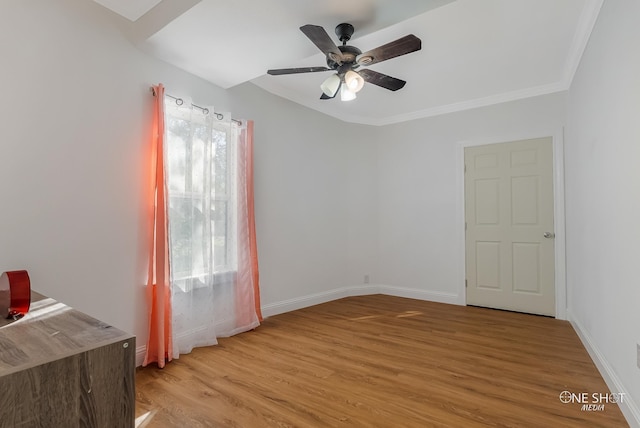 unfurnished room featuring ceiling fan, ornamental molding, light hardwood / wood-style floors, and a healthy amount of sunlight