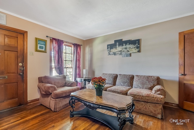 living room with dark hardwood / wood-style floors and ornamental molding