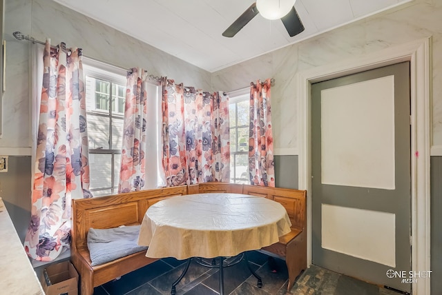 dining space with ceiling fan and a healthy amount of sunlight