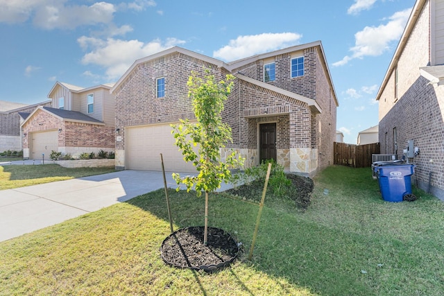 front facade with a garage and a front yard