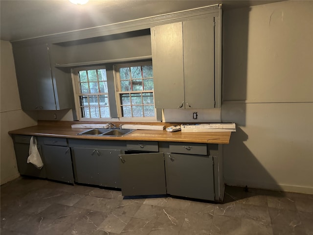 kitchen with gray cabinets, sink, and butcher block countertops