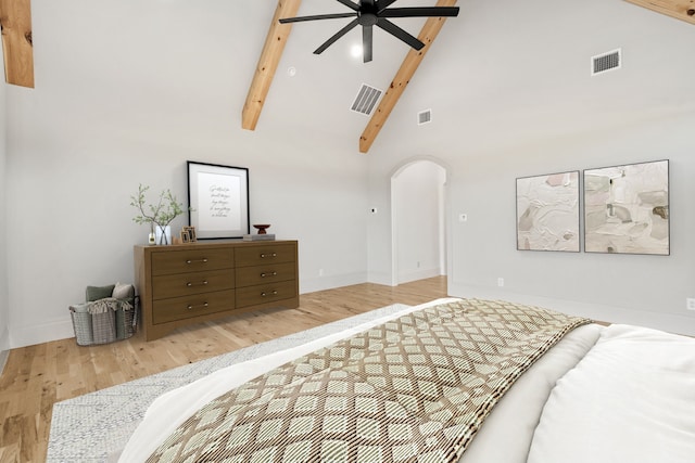 bedroom with hardwood / wood-style floors, beamed ceiling, and high vaulted ceiling