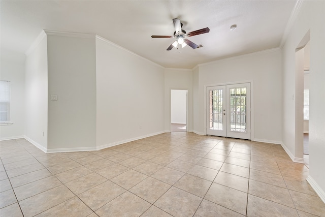 tiled empty room featuring french doors, ceiling fan, and crown molding