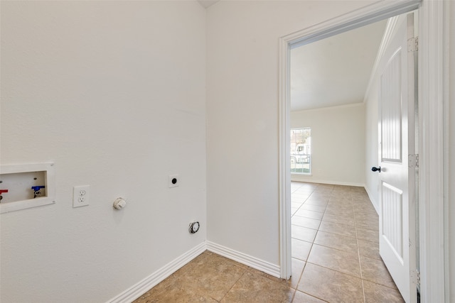 laundry area featuring hookup for a gas dryer, hookup for a washing machine, light tile patterned floors, and hookup for an electric dryer