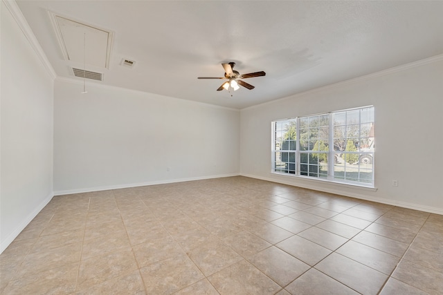 unfurnished room with ceiling fan, ornamental molding, and light tile patterned floors