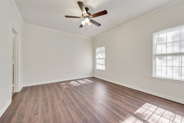 spare room featuring ceiling fan, dark hardwood / wood-style flooring, and ornamental molding