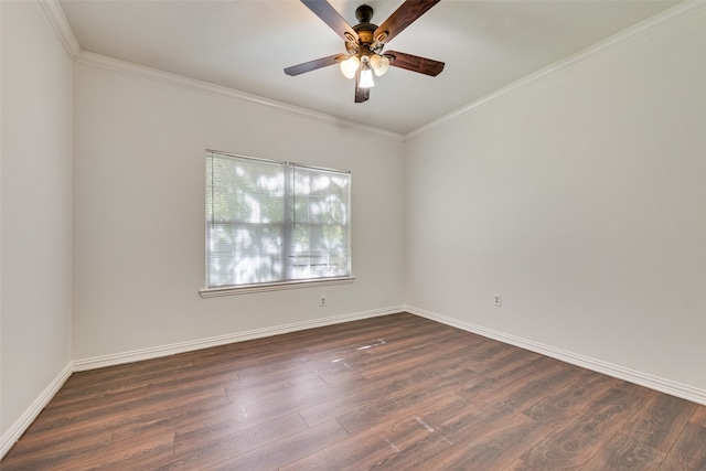 unfurnished room with dark hardwood / wood-style floors, ceiling fan, and crown molding