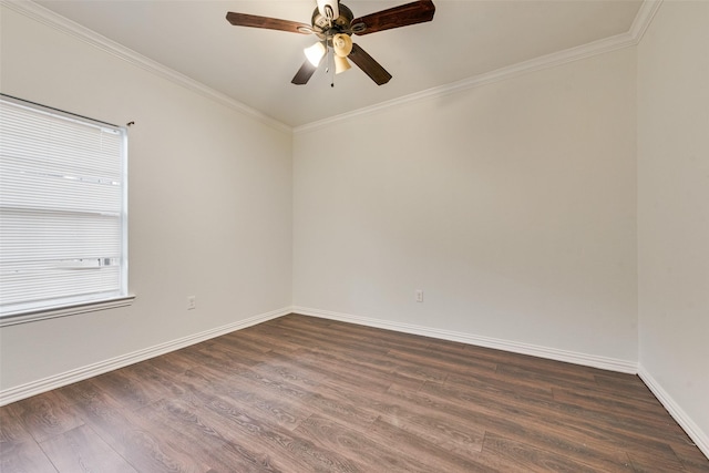 spare room with dark hardwood / wood-style flooring, ceiling fan, and ornamental molding