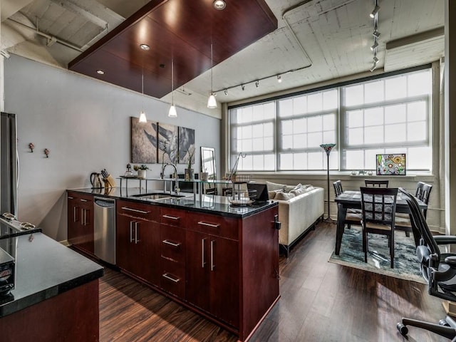 kitchen with appliances with stainless steel finishes, rail lighting, a kitchen island with sink, sink, and hanging light fixtures