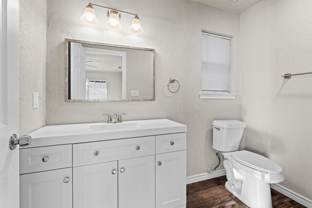 bathroom with vanity, hardwood / wood-style flooring, and toilet