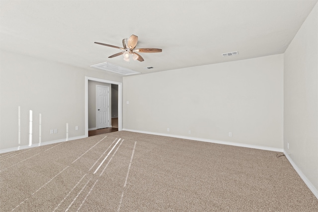 unfurnished room with ceiling fan and carpet flooring