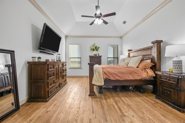 13401 Moorhouse Way, Justin, TX 76247 - bedroom with vaulted ceiling, a ceiling fan, crown molding, light wood-type flooring, and visible vents