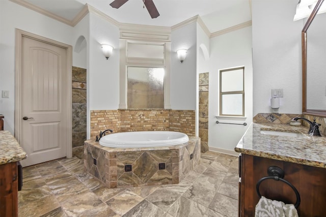 bathroom featuring vanity, crown molding, tiled bath, and ceiling fan