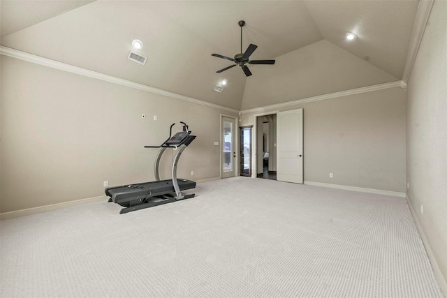 workout room with ornamental molding, lofted ceiling, carpet flooring, and ceiling fan