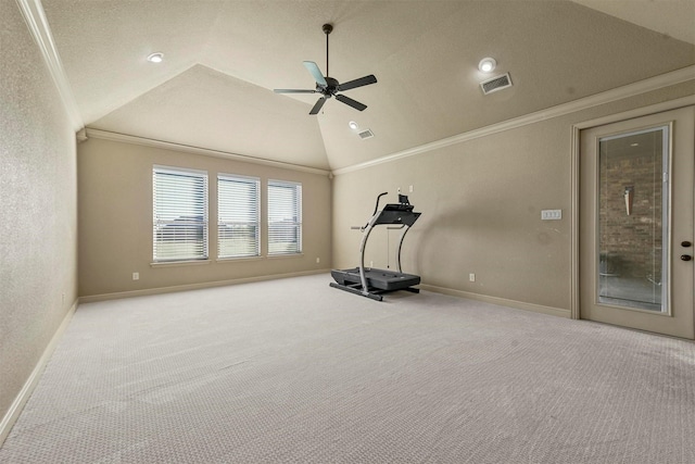 workout room with ornamental molding, lofted ceiling, and light colored carpet