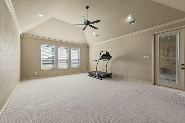 13401 Moorhouse Way, Justin, TX 76247 - exercise area with vaulted ceiling, visible vents, a ceiling fan, crown molding, and carpet flooring