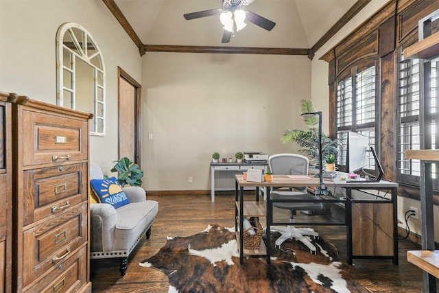 office space with vaulted ceiling, dark hardwood / wood-style floors, ceiling fan, and crown molding