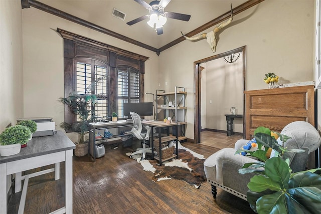 13401 Moorhouse Way, Justin, TX 76247 - home office with a ceiling fan, crown molding, wood finished floors, baseboards, and visible vents