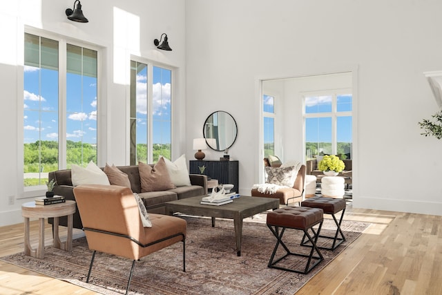 sitting room with a towering ceiling and light hardwood / wood-style flooring