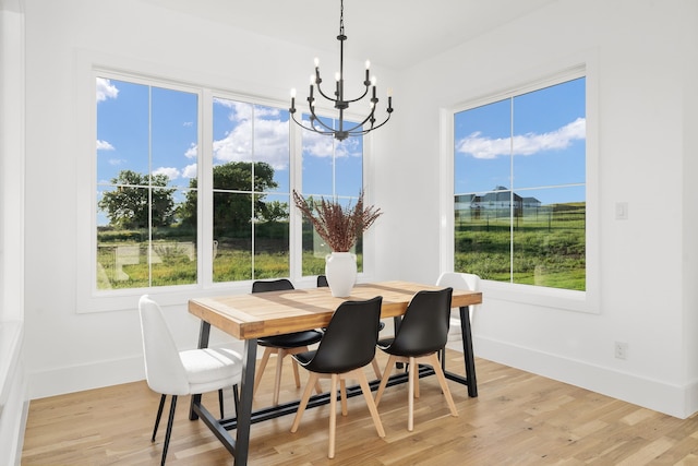 dining area featuring a wealth of natural light, an inviting chandelier, and light hardwood / wood-style floors