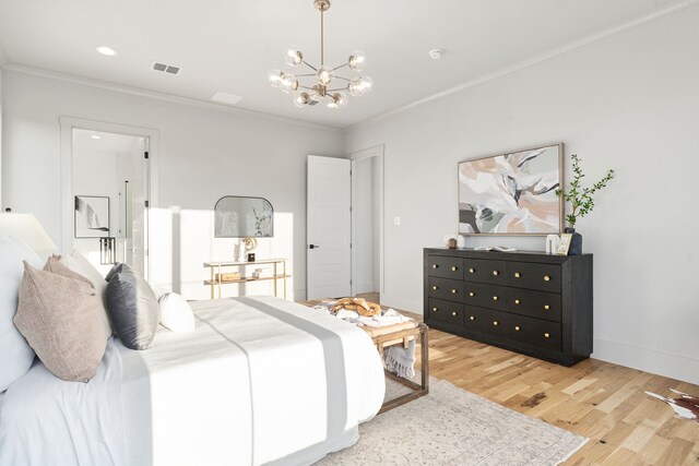 7745 Laura Lake Ln, Fort Worth, TX 76126 - bedroom with crown molding, light wood finished floors, a chandelier, and baseboards