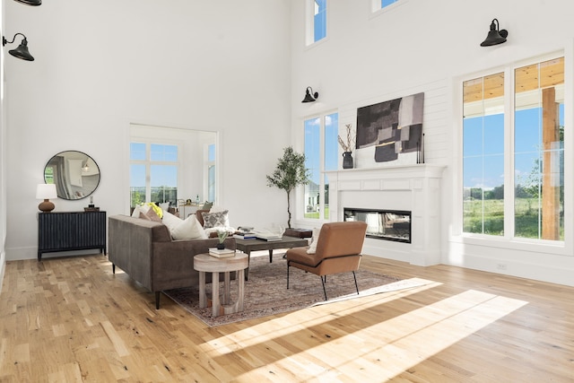 living room with a high ceiling and light hardwood / wood-style floors