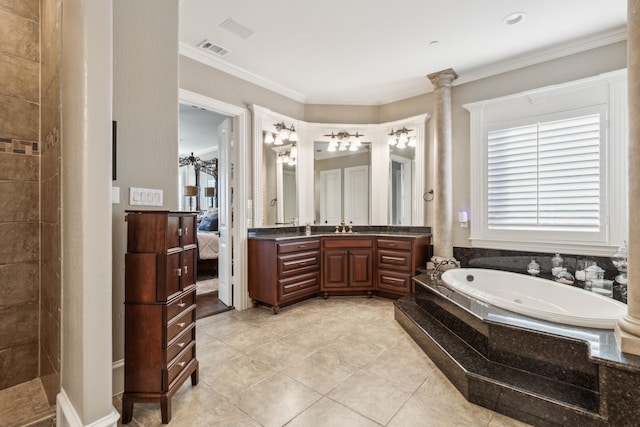 bathroom featuring decorative columns, tile patterned floors, crown molding, vanity, and independent shower and bath